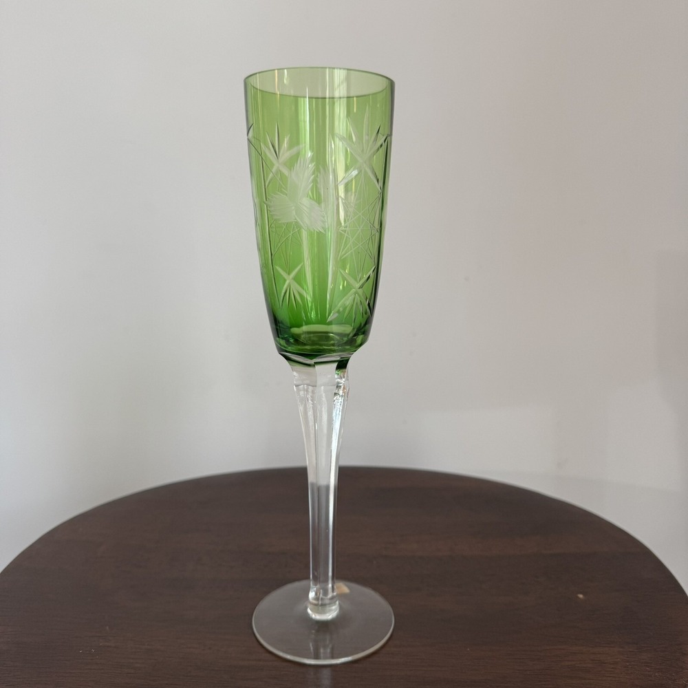 Cut To Clear Green Flute Champagne Or Toasting Emerald 10" Made In Poland